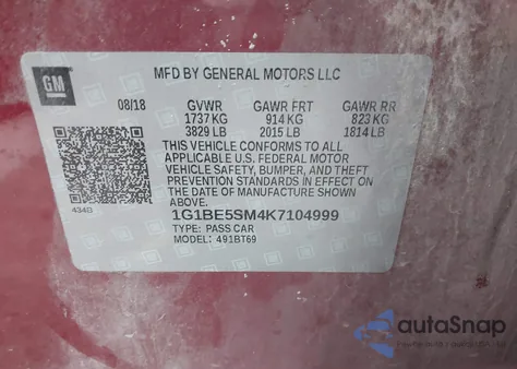 2019 Chevrolet Cruze Lt from USA, damaged, VIN 1G1BE5SM4K7104999